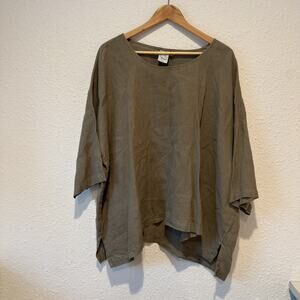 La Fixsun Olive Army Green 100% Linen Lagenlook Asymmetrical V-Neck Top Sz L